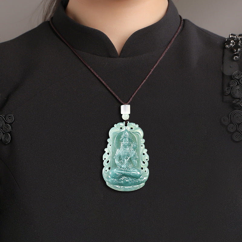 Natural Blue Water Jadeite Mahasthamaprapta Guanyin Pendant – A-Grade Ice-Type Jade, Compassion & Protection Talisman