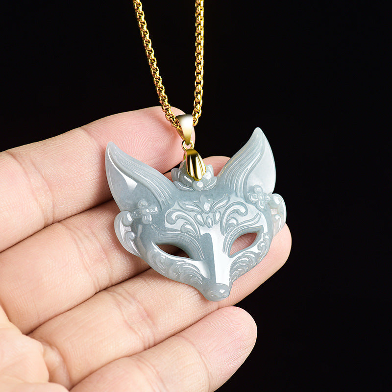 Natural Ice Blue Jadeite Fox Mask Pendant – Genuine A-Grade Blue Water Jade with S925 Silver, Unisex Talisman Necklace for Luck & Protection