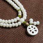 White Jade Bodhi 108 Mala Beads Bracelet with Carved Lotus Slice Pendant
