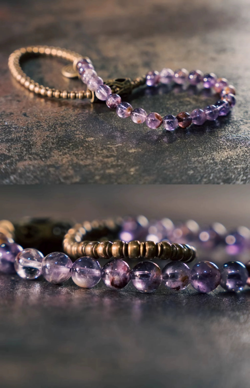 Vintage Double-Wrap Amethyst Phantom Quartz Bracelet – Brass Accents & Spiritual Style