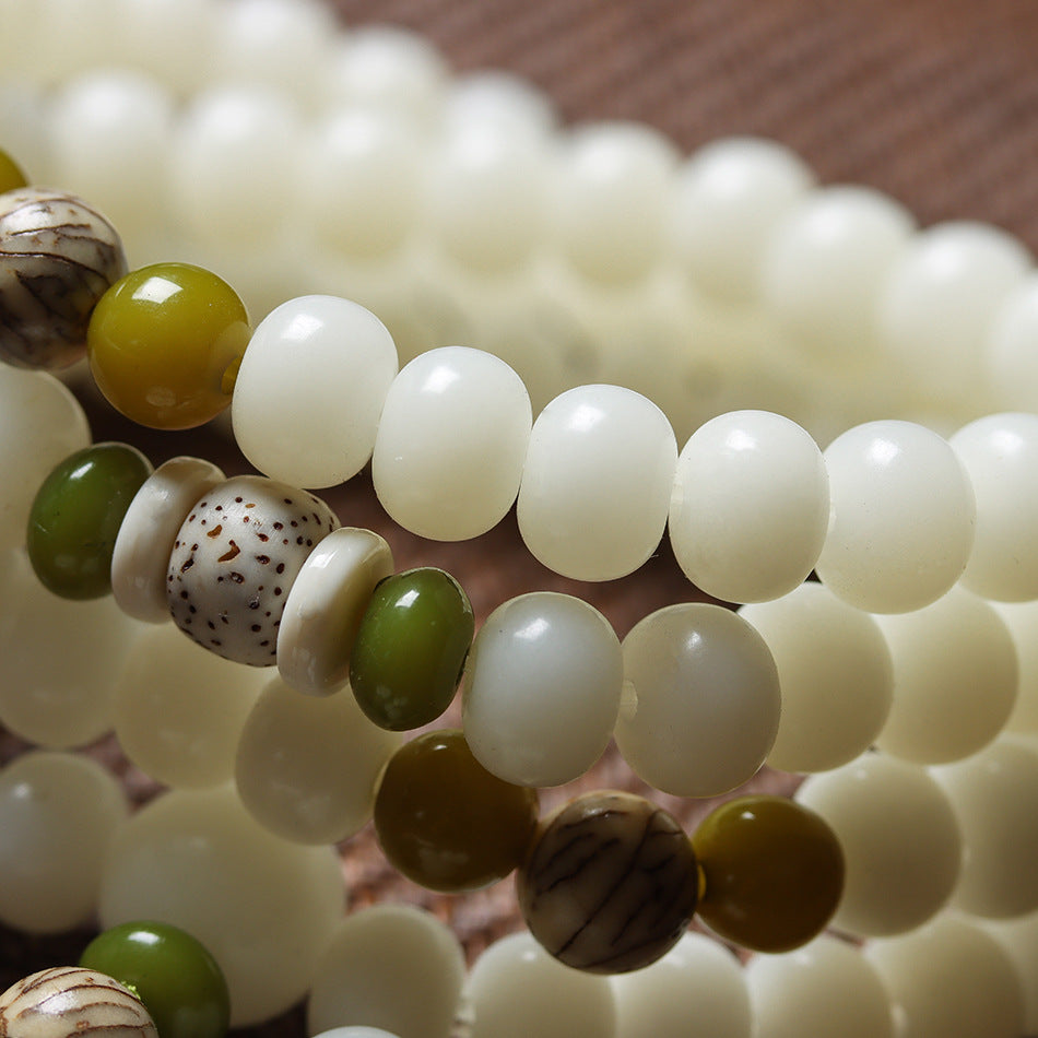 White Jade Bodhi 108 Mala Beads Bracelet with Carved Lotus Slice Pendant