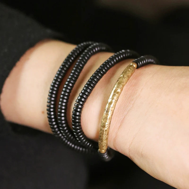 Ebony Wood & Brass Protection Bracelet – Multi-Layer Beads for Strength & Stability