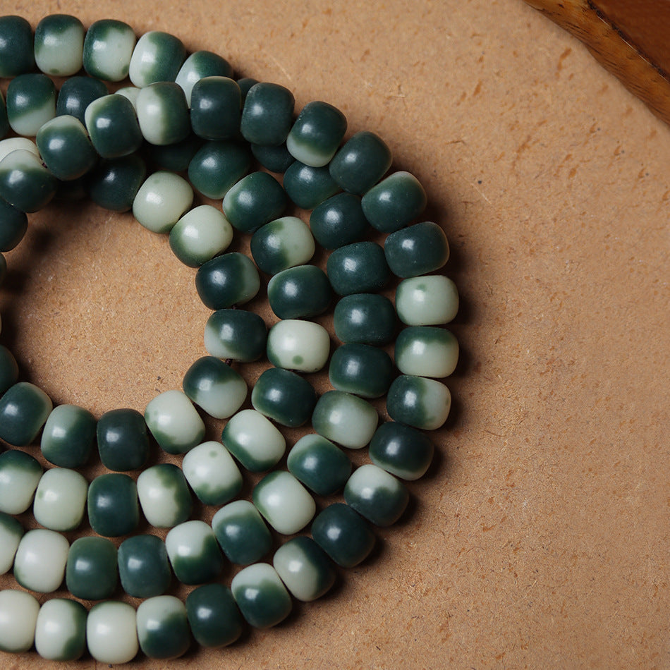 108 Mala Beads Gradient Green Bodhi Bracelet with Carved Lotus Pendant