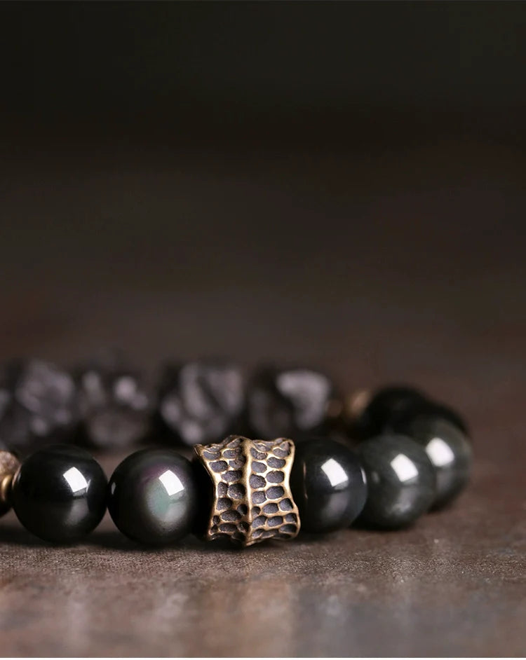 Tibetan Vintage Ebony Wood, Black Obsidian & Brass Bracelet – For Strength & Protection