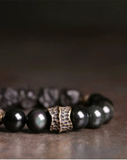 Tibetan Vintage Ebony Wood, Black Obsidian & Brass Bracelet – For Strength & Protection
