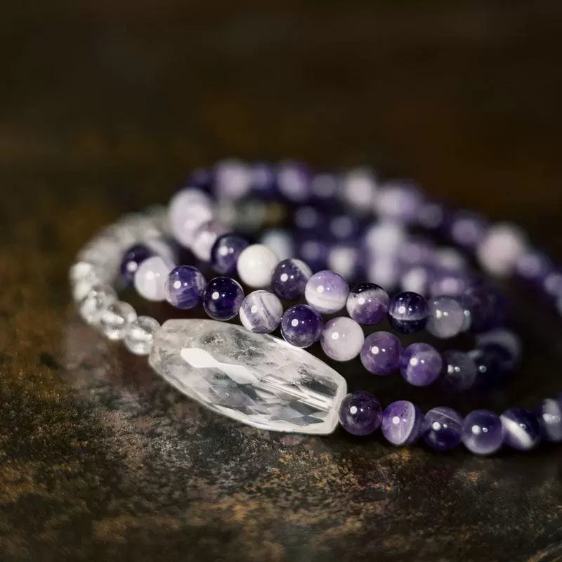 Tibetan-Inspired Multi-Layer Amethyst & Clear Quartz Bracelet · Pure Energy, Sacred Balance
