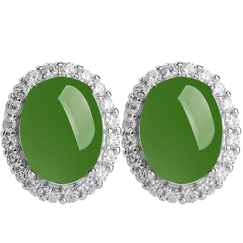 Natural Spinach Green Aged Hetian Jade Large Cabochon Stud Earrings for Women