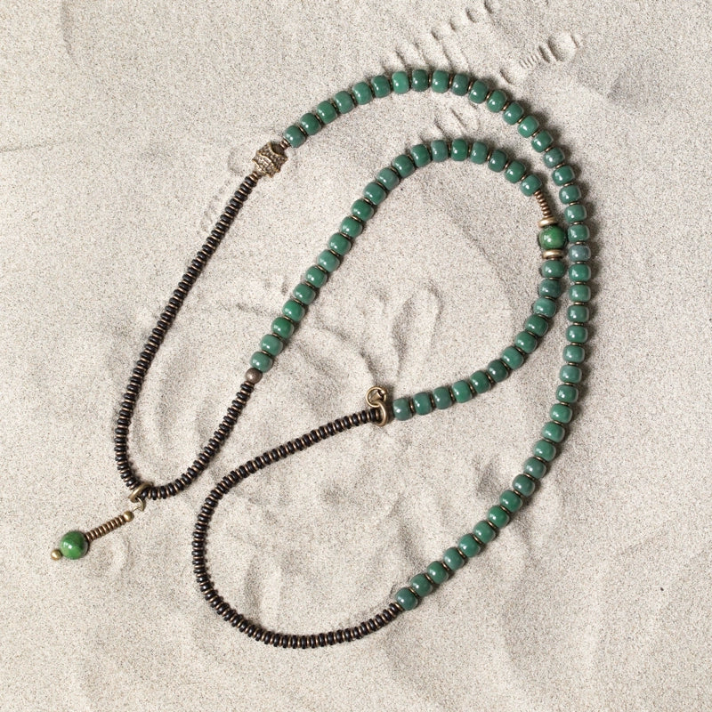 Green Bodhi Beads Bracelet with Ebony & Brass Spacers · Multi-Layer Spiritual Mala for Meditation & Mindfulness