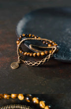 Vintage Multi-Layer Tiger Eye Beaded Bracelet Handmade Brass Accent Jewelry for Men & Women