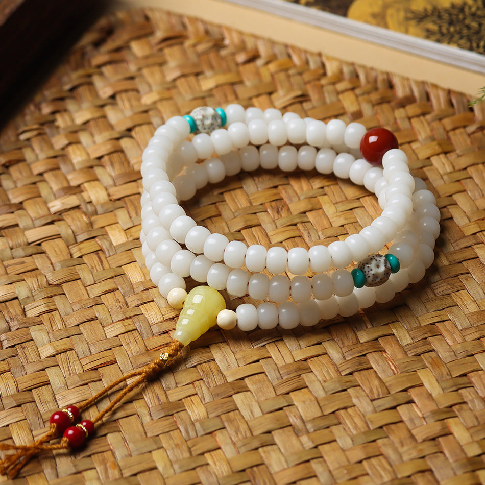 108 White Jade Bodhi Mala with Star and Moon Beads