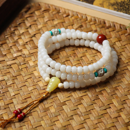 108 White Jade Bodhi Mala with Star and Moon Beads