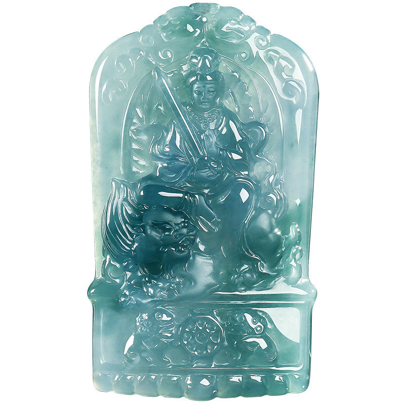 Natural Blue Water Jadeite Manjushri Pendant – A-Grade Jade, Zodiac Rabbit Guardian Talisman, Spiritual Amulet