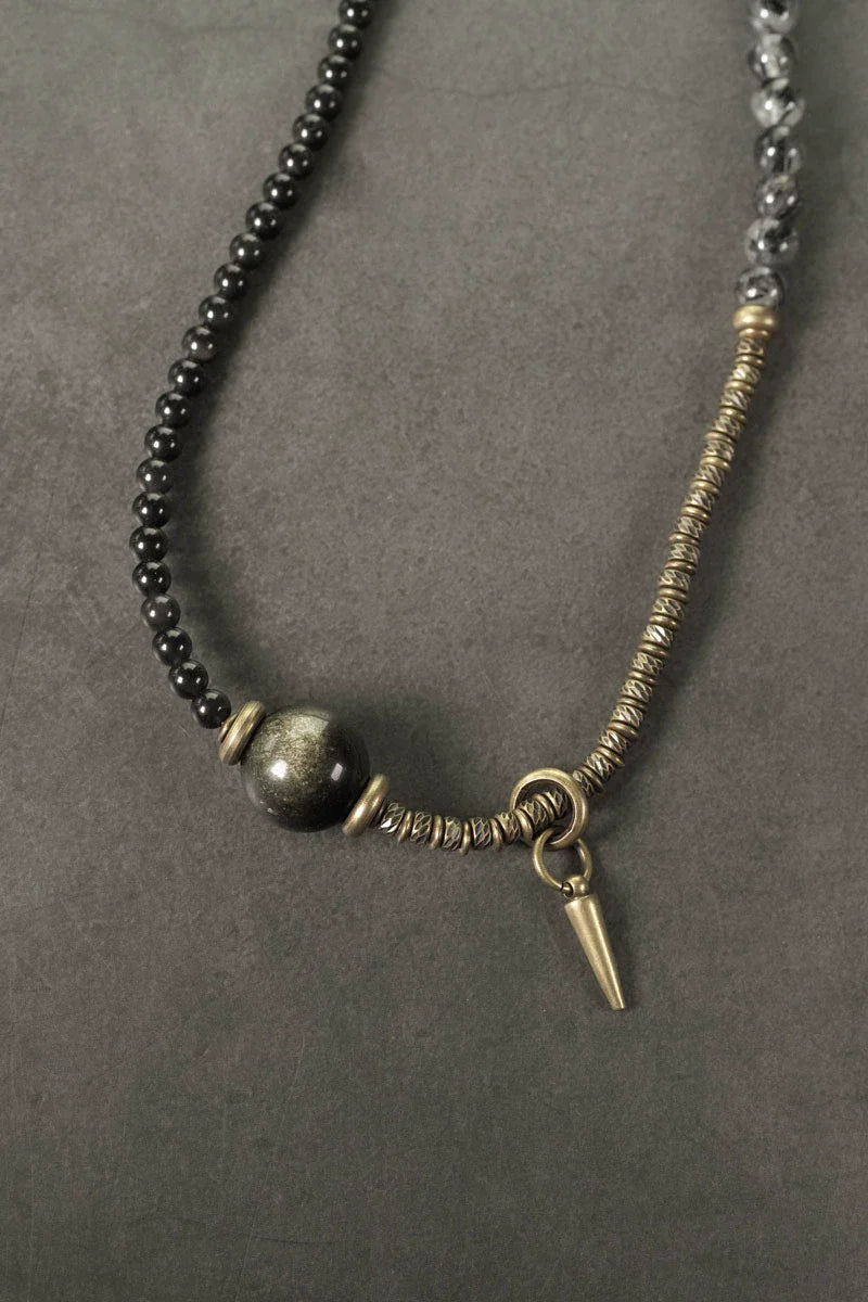 Obsidian & Black Rutilated Quartz Brass Bracelet for Protection & Focus