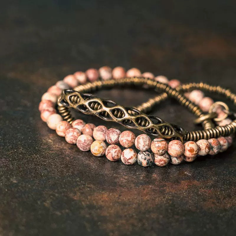 Vintage Multi-Layer Flower Red Jasper Bead Bracelet – Long Wrap with Brass Accents
