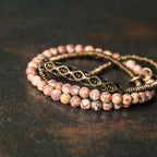 Vintage Multi-Layer Flower Red Jasper Bead Bracelet – Long Wrap with Brass Accents