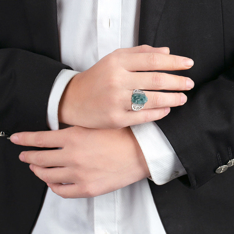 Natural A-Grade Blue Water Jadeite Pixiu Ring – S925 Silver, Adjustable Band, Unisex Fashion Ring