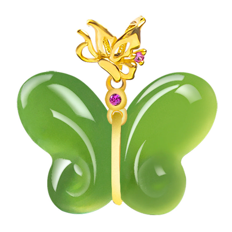 Authentic Green Hetian Jade Butterfly Necklace for Women with 18K Gold Setting