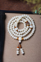 White Jade Bodhi 108 Mala Beads Bracelet with Hand-Carved Lotus Beads and Olive Pit Spacers