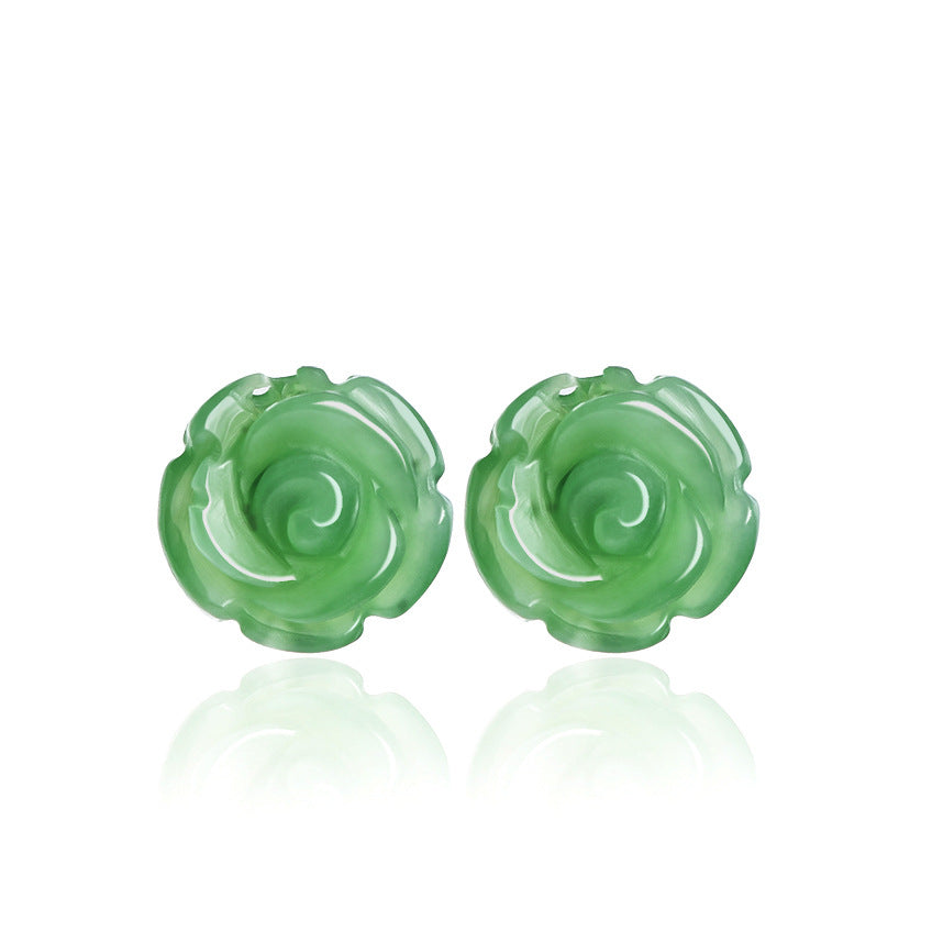 Women’s Aged Hetian Green Jade Rose Stud Earrings with S925 Silver Inlay