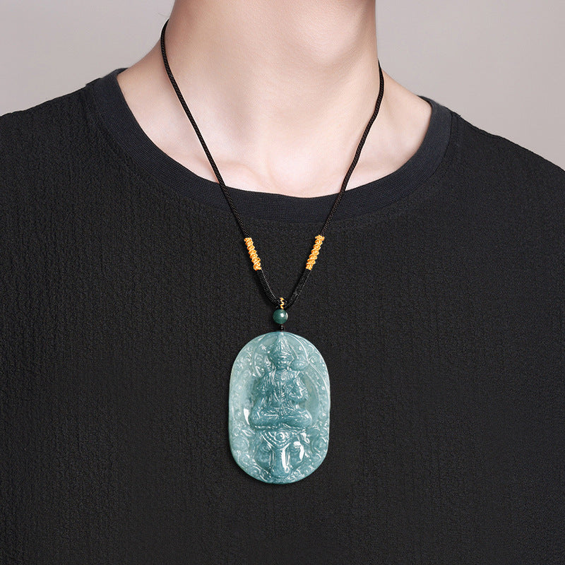 Natural Ice Blue Jadeite Mahasthamaprapta Bodhisattva Pendant – A-Grade Blue Water Jade, Zodiac Horse Guardian Talisman