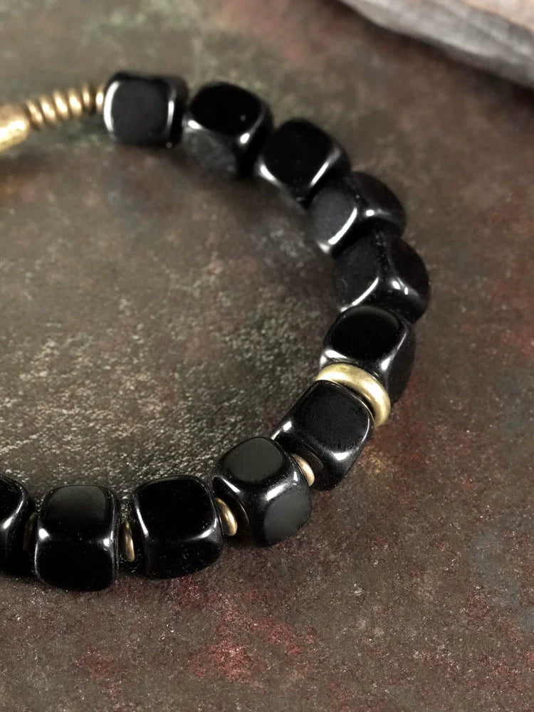Obsidian & Brass Tibetan Vintage Couple Bracelet – Grounding & Protection