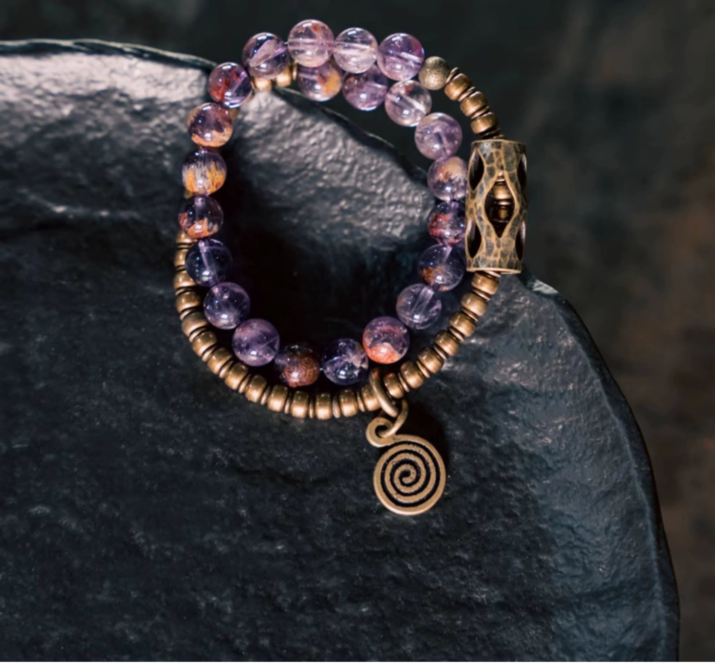 Vintage Double-Wrap Amethyst Phantom Quartz Bracelet – Brass Accents & Spiritual Style