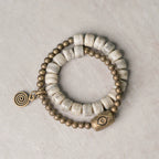 Tibetan Handmade Double-Wrap Yak Bone Bracelet with Brass Dzi Beads and Vintage Brass Accents