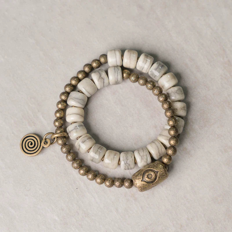 Tibetan Handmade Double-Wrap Yak Bone Bracelet with Brass Dzi Beads and Vintage Brass Accents