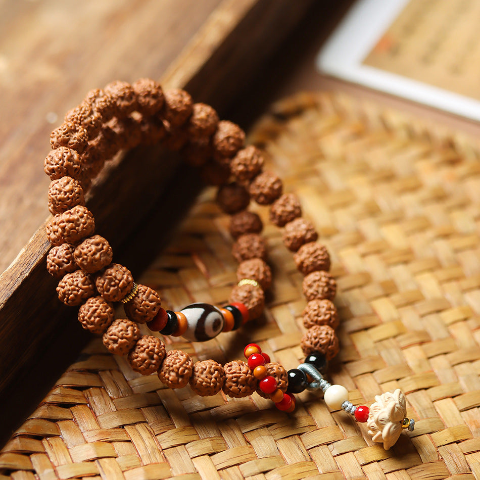 Original Form Small Rudraksha Double Wrap Bodhi Bracelet with Boxwood Carved Lotus Pendant