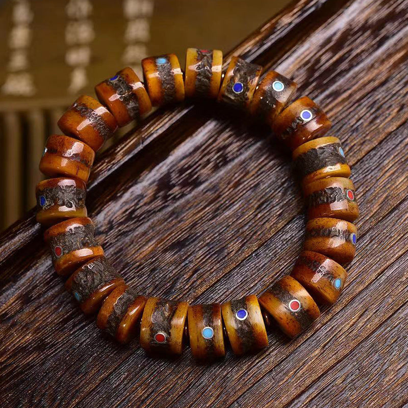 Tibetan Yak Bone Bracelet with Gemstone Inlays – Handcrafted Tibetan-Style Bracelet