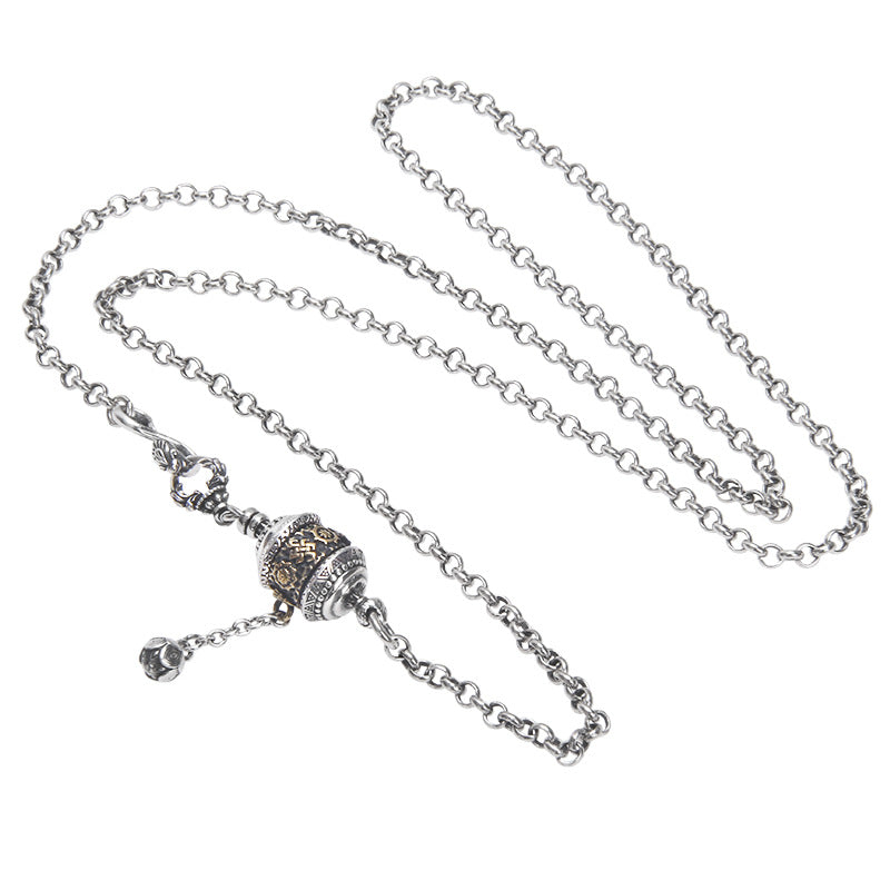 925 Sterling Silver Tibetan Prayer Wheel Pendant Sweater Chain