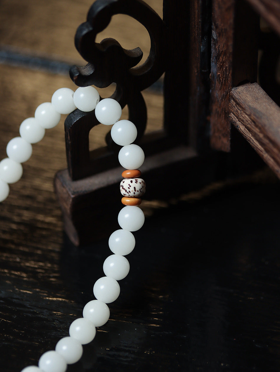 White Jade Bodhi Double Wrap Bracelet with Lotus Accent for Women