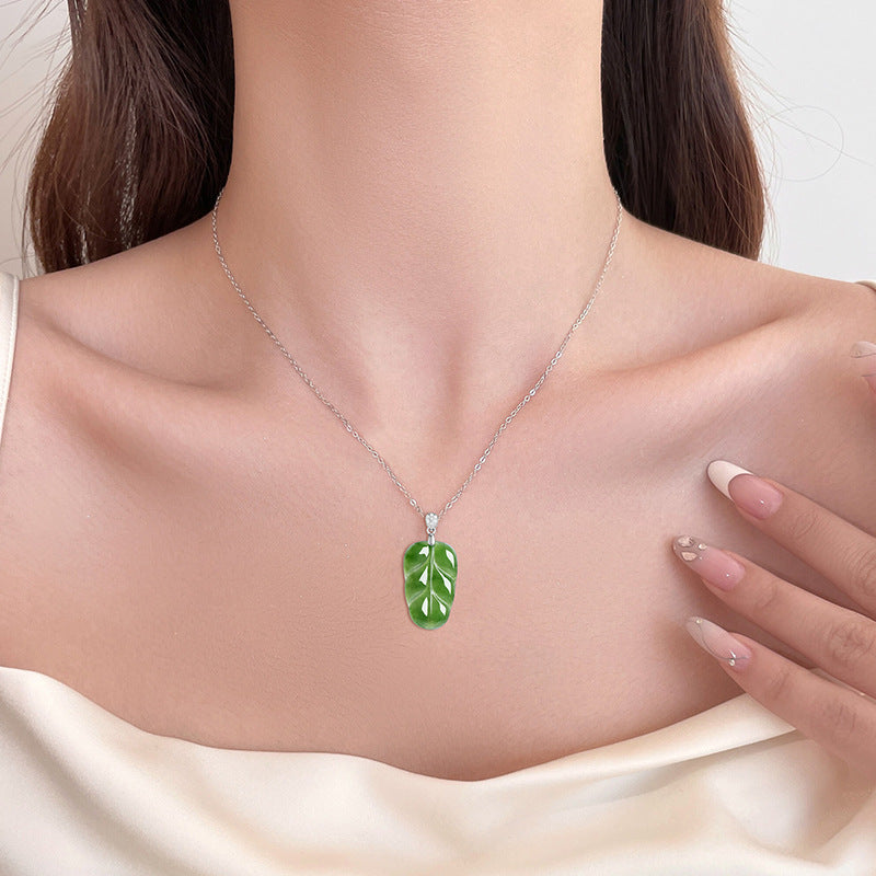 Natural Spinach Green Hetian Jade Leaf Necklace, Unisex Design, 925 Sterling Silver Setting