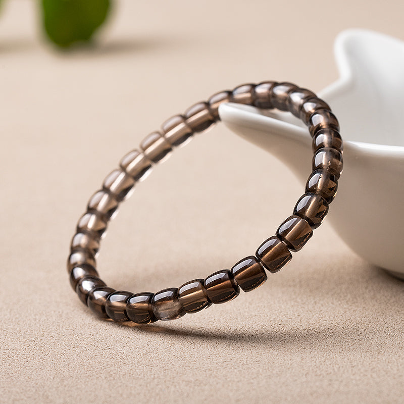 Natural Smoky Quartz Barrel Bead Bracelet - Simple Unisex Single Strand
