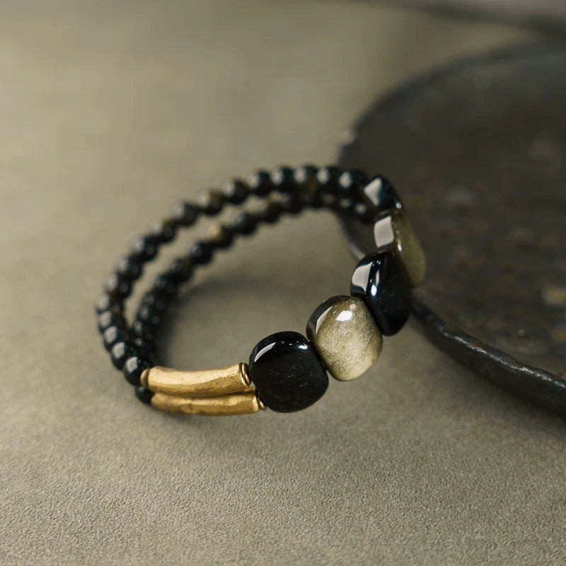 Natural Black Obsidian & Cat’s Eye Gold Obsidian Double-Layer Bracelet for Men & Women