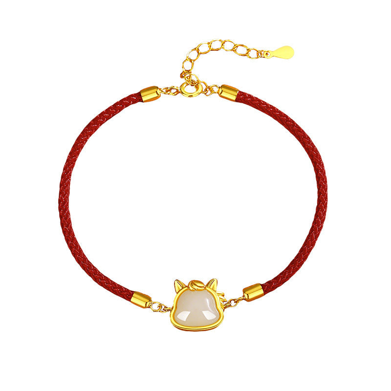 Women’s S925 Silver Hetian Jade Cute Horse Red String Bracelet, 2026 Year of the Horse Jewelry
