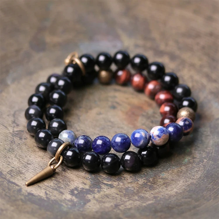 Tibetan Obsidian Bracelet with Colorful Beads for Protection & Balance