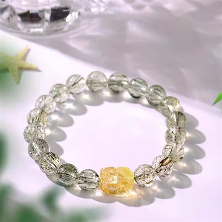 Feng Shui Pixiu Bracelet Natural Green Rutilated Quartz Crystal Bracelet