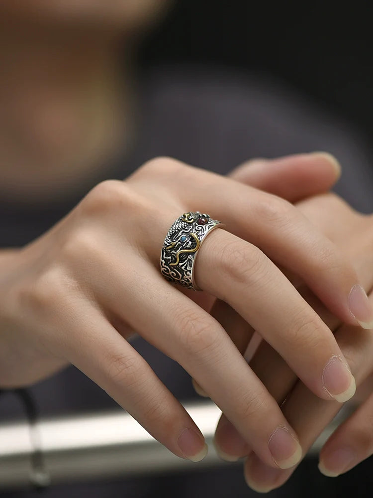 Buddha3bodhi Auspicious Dragon Playing with Pearl 925 Silver Ring