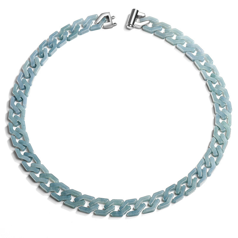 Natural A-Grade Blue Water Jadeite Cuban Link Chain Bracelet & Necklace – Hip-Hop Style Titanium Steel Jewelry for Men & Women