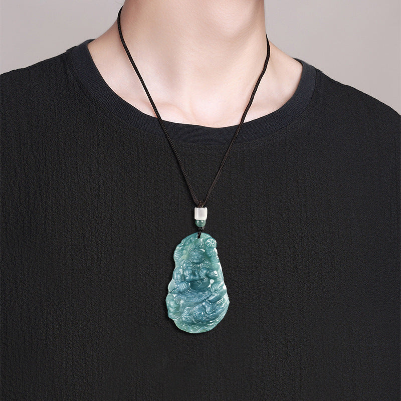 Natural Blue Water Jadeite Acala (Fudō Myō-ō) Pendant – A-Grade Jade, Zodiac Guardian for Rooster