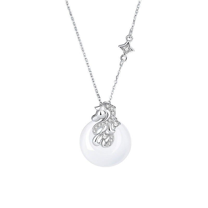 Women’s S925 Silver Star Dream Horse Peace Circle Necklace, White Jade Zodiac Horse Jewelry