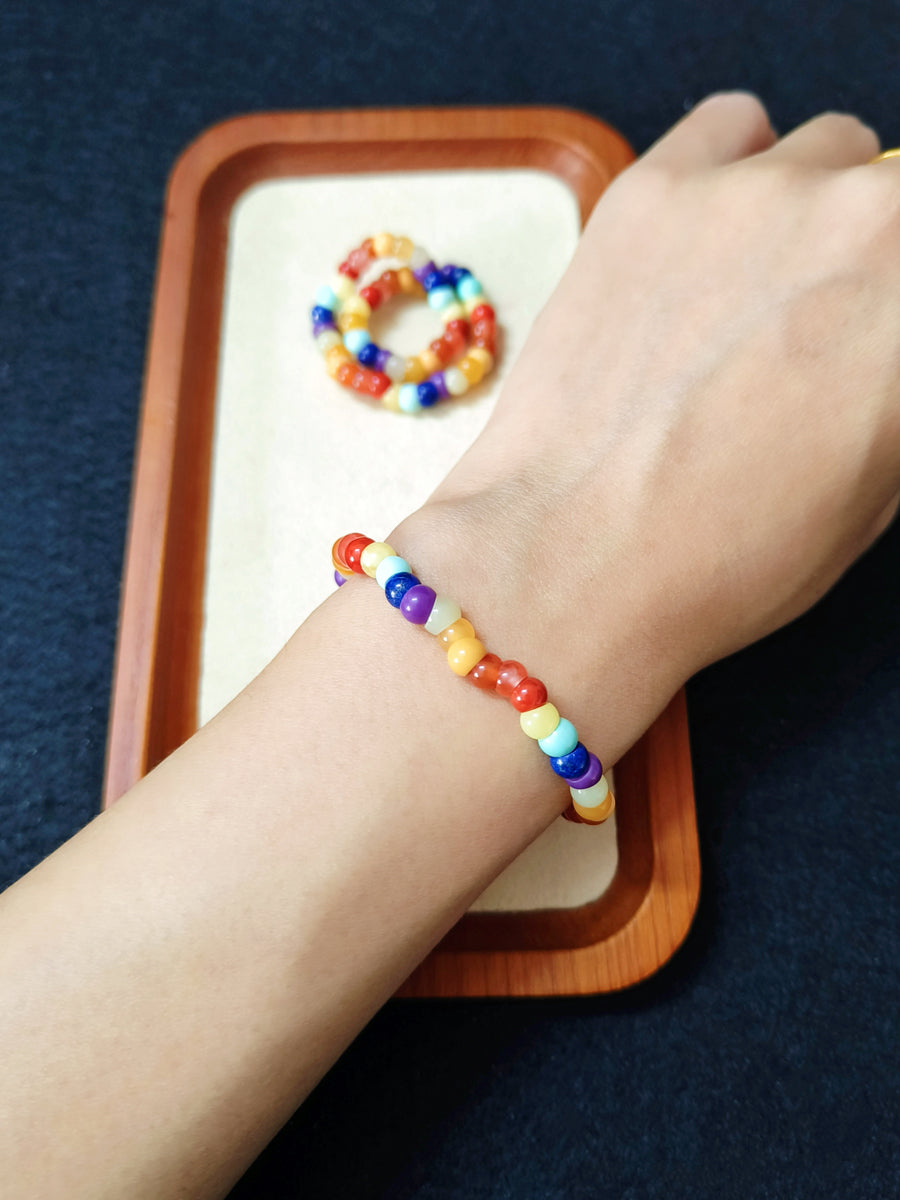 Tibetan Multi-Treasure Rainbow Angled-Cut DIY Spacer Beads – Turquoise, Southern Red Agate, Beeswax, and Natural Gemstones.