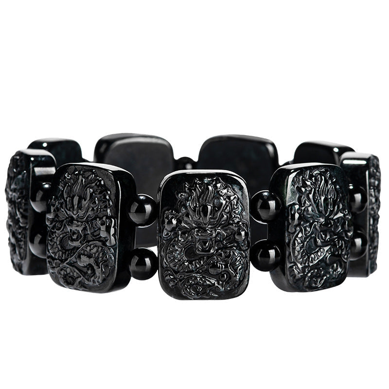 Premium Natural A-Grade Black Jadeite Nine Dragons Guardian Bracelet for Men