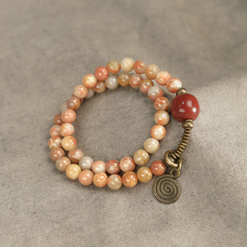 Coral Stone & Large Red Agate Bracelet with Brass Accents · Vintage Multi-Layer Wrap for Women