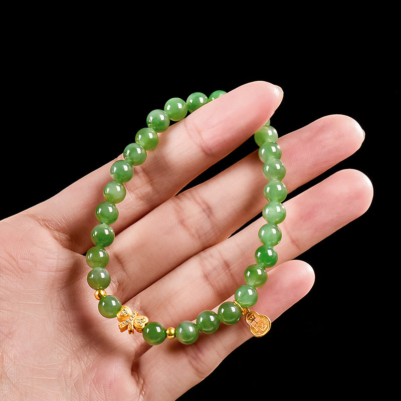 Women’s Handcrafted Aged Green Hetian Jade Bracelet with Golden Charms