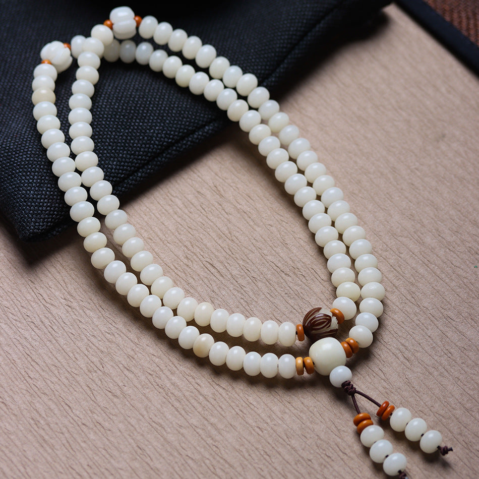 White Jade Bodhi 108 Mala Beads Bracelet with Hand-Carved Lotus Beads and Olive Pit Spacers