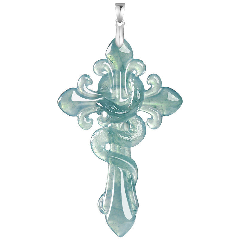 Natural Blue Water Jadeite Serpent-Wrapped Cross Pendant – A-Grade Jade, S925 Silver Clasp, Steel-Titanium Chain