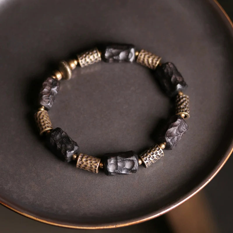 Tibetan Spiritual Jewelry Hand-Carved Ebony & Brass Bracelet for Protection
