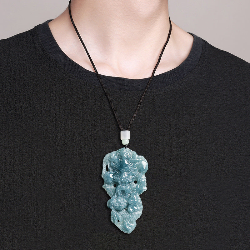 Natural Blue Water Jadeite 3D Dragon Pendant – A-Grade Jade, Zodiac Dragon Talisman, Powerful Amulet